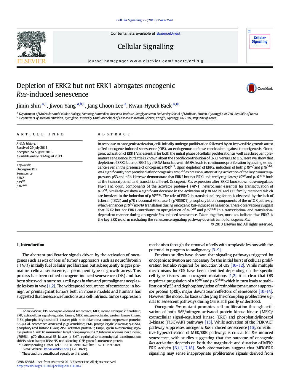 Depletion of ERK2 but not ERK1 abrogates oncogenic Ras-induced senescence