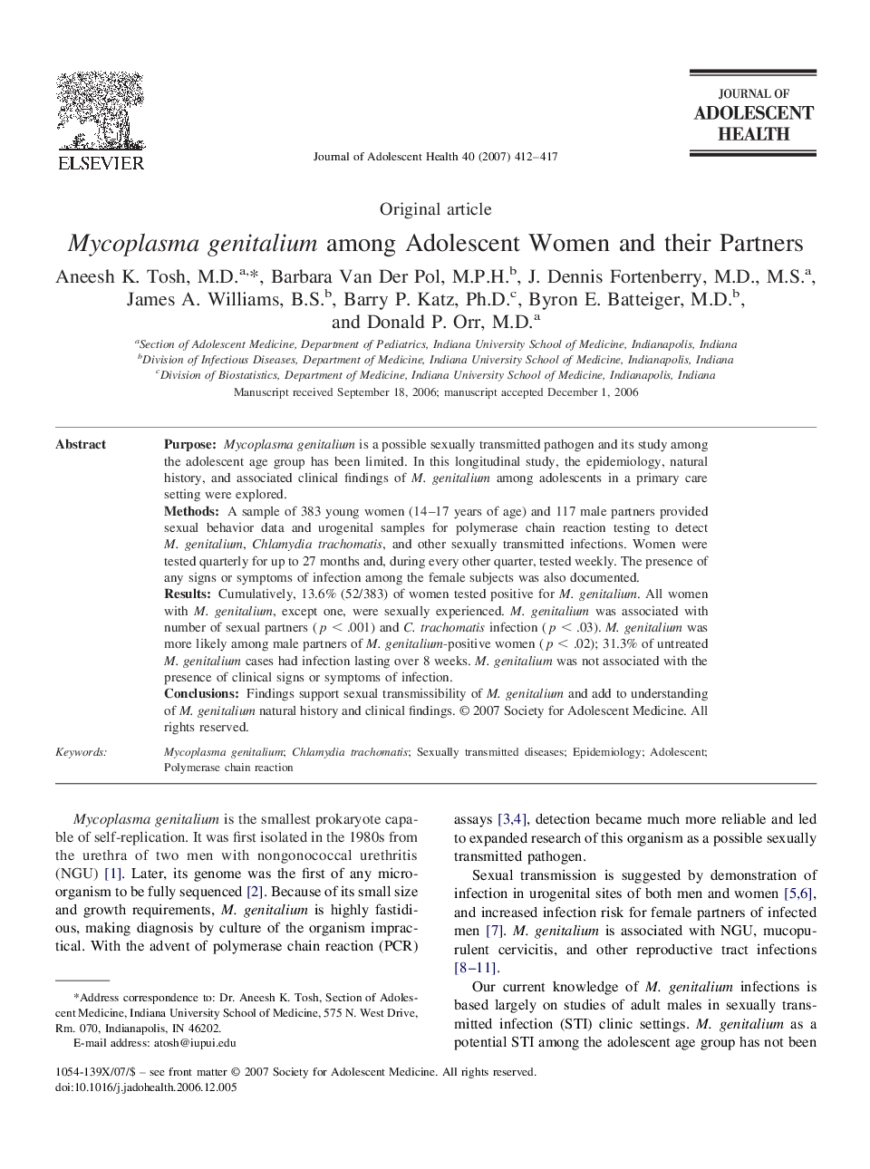 Mycoplasma genitalium among Adolescent Women and their Partners