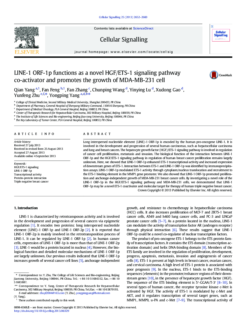 LINE-1 ORF-1p functions as a novel HGF/ETS-1 signaling pathway co-activator and promotes the growth of MDA-MB-231 cell