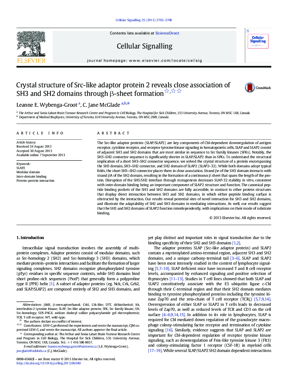 Crystal structure of Src-like adaptor protein 2 reveals close association of SH3 and SH2 domains through Î²-sheet formation