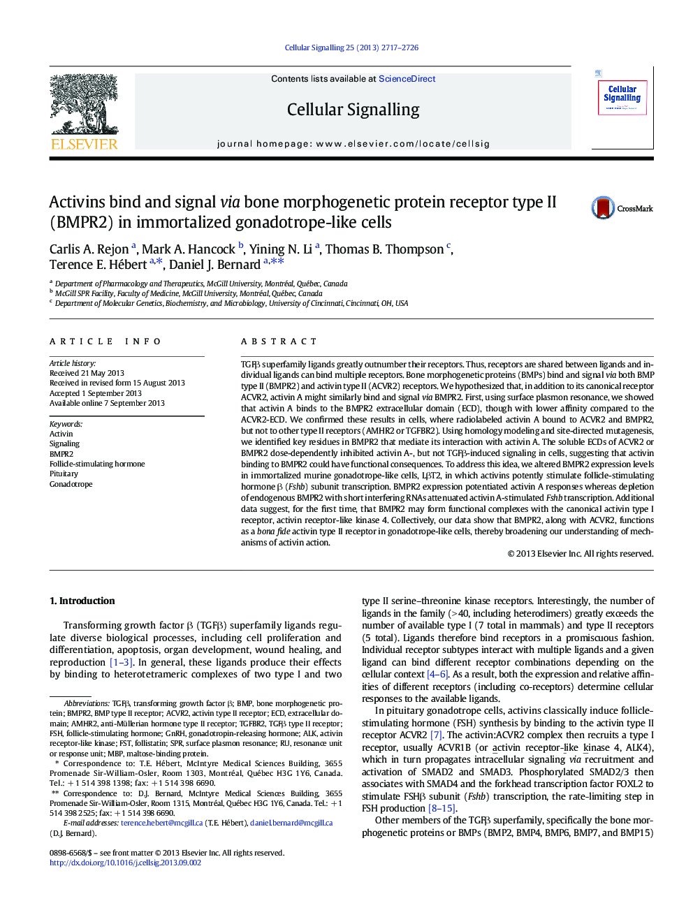 Activins bind and signal via bone morphogenetic protein receptor type II (BMPR2) in immortalized gonadotrope-like cells