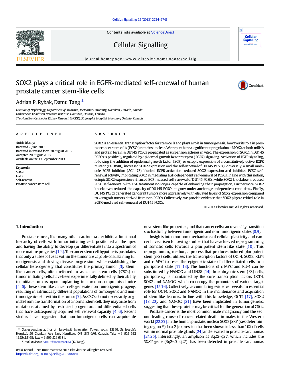 SOX2 plays a critical role in EGFR-mediated self-renewal of human prostate cancer stem-like cells