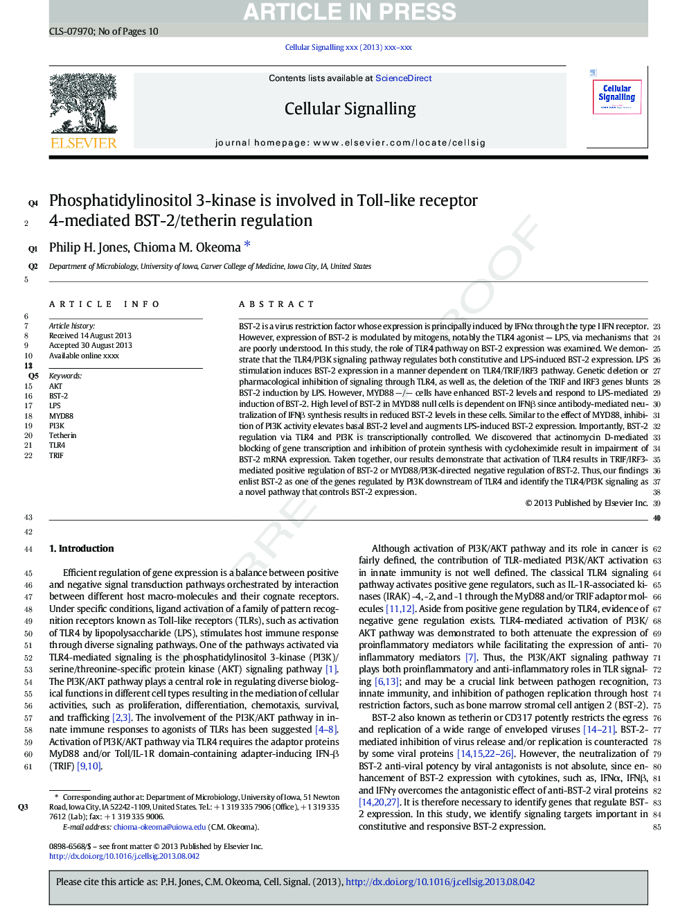 Phosphatidylinositol 3-kinase is involved in Toll-like receptor 4-mediated BST-2/tetherin regulation