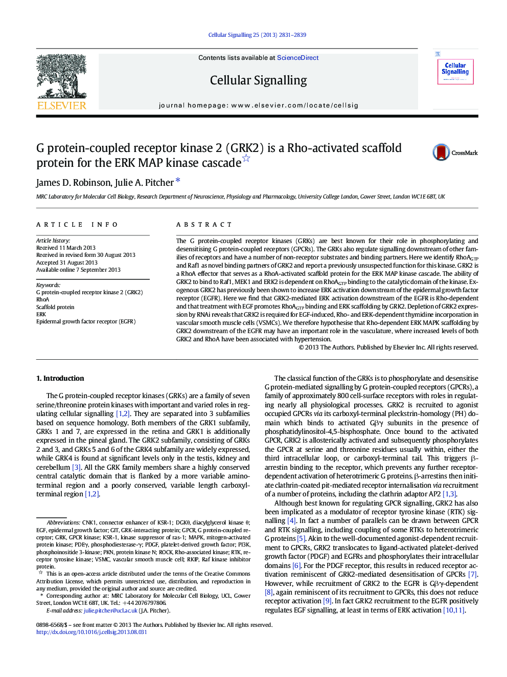 G protein-coupled receptor kinase 2 (GRK2) is a Rho-activated scaffold protein for the ERK MAP kinase cascade