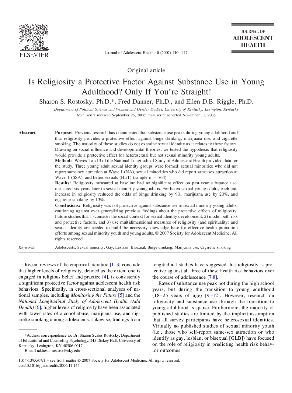 Is Religiosity a Protective Factor Against Substance Use in Young Adulthood? Only If You're Straight!