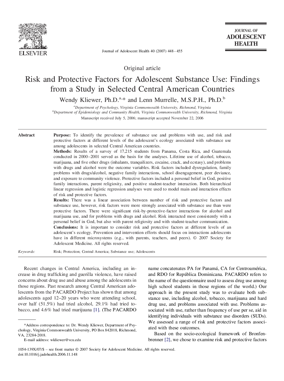 Risk and Protective Factors for Adolescent Substance Use: Findings from a Study in Selected Central American Countries