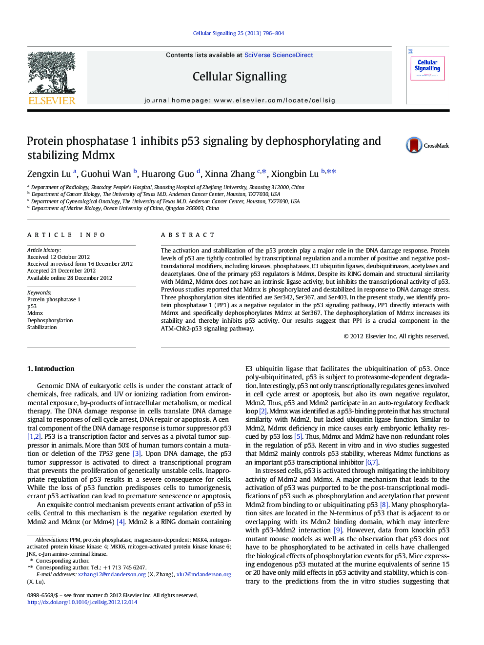 Protein phosphatase 1 inhibits p53 signaling by dephosphorylating and stabilizing Mdmx