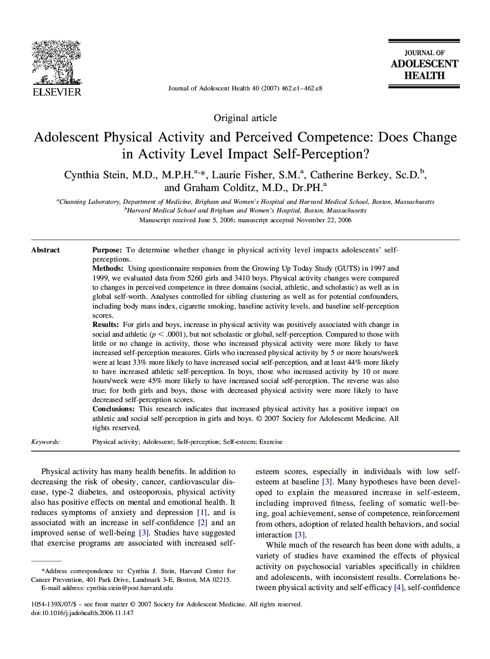 Adolescent Physical Activity and Perceived Competence: Does Change in Activity Level Impact Self-Perception?