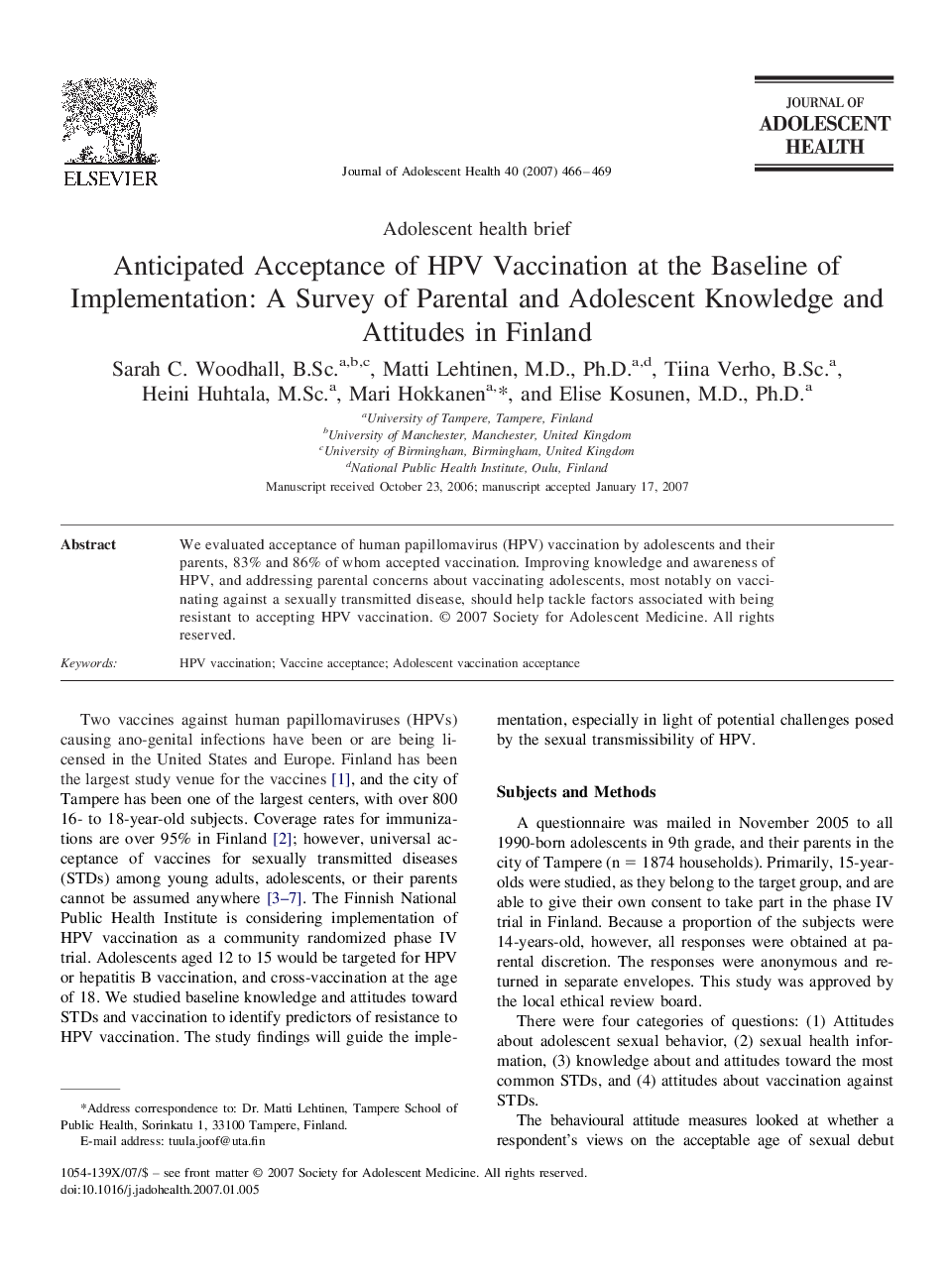 Anticipated Acceptance of HPV Vaccination at the Baseline of Implementation: A Survey of Parental and Adolescent Knowledge and Attitudes in Finland