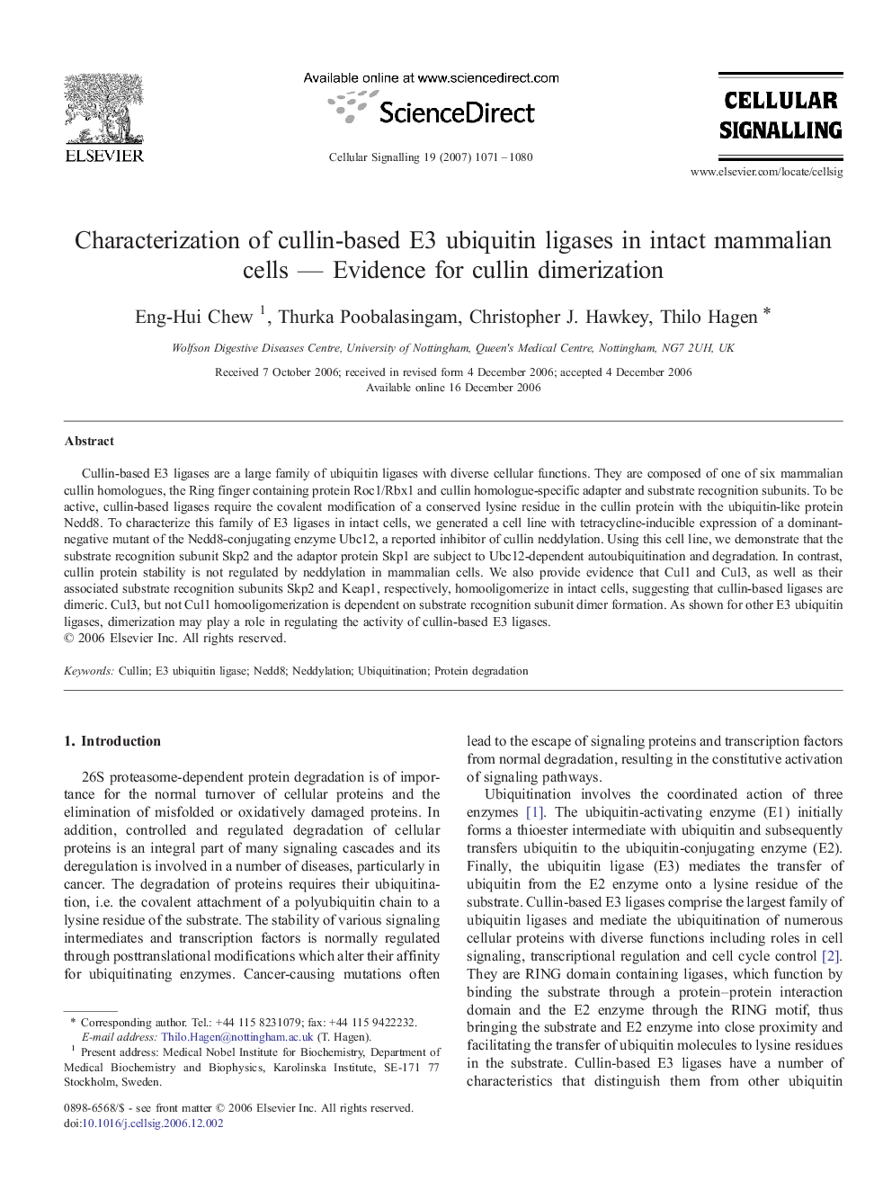 Characterization of cullin-based E3 ubiquitin ligases in intact mammalian cells - Evidence for cullin dimerization