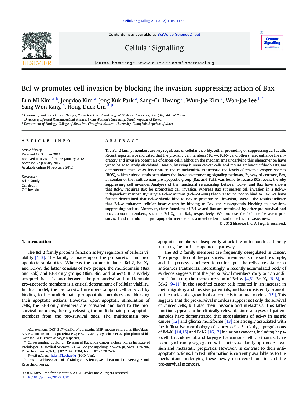 Bcl-w promotes cell invasion by blocking the invasion-suppressing action of Bax