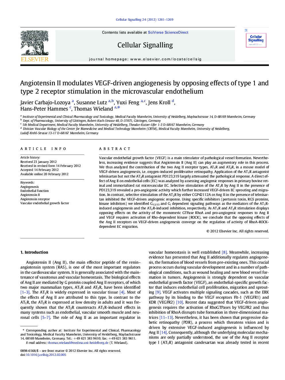 Angiotensin II modulates VEGF-driven angiogenesis by opposing effects of type 1 and type 2 receptor stimulation in the microvascular endothelium