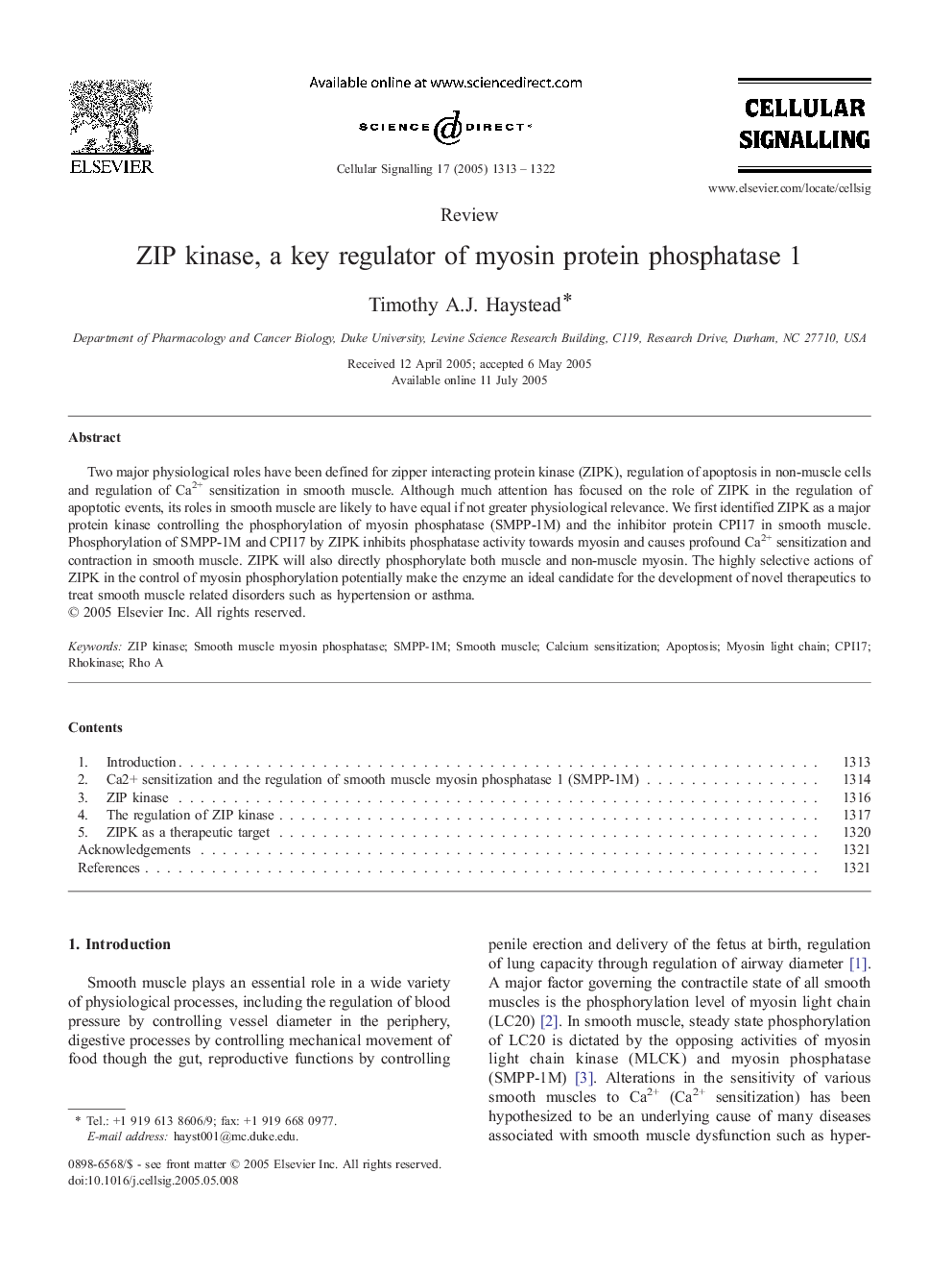 ZIP kinase, a key regulator of myosin protein phosphatase 1