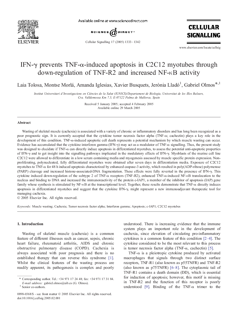 IFN-Î³ prevents TNF-Î±-induced apoptosis in C2C12 myotubes through down-regulation of TNF-R2 and increased NF-ÎºB activity