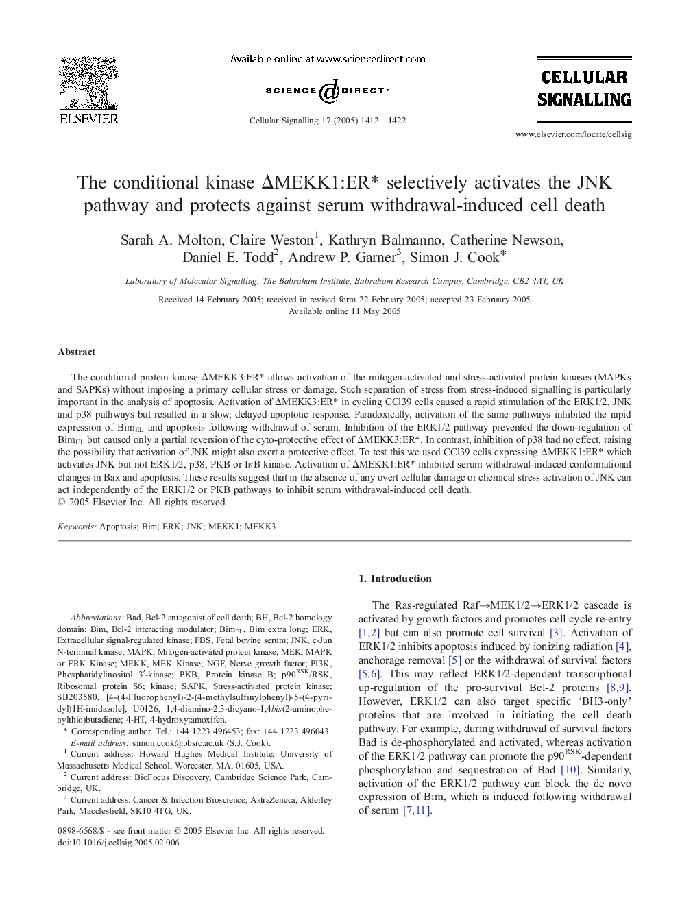 The conditional kinase ÎMEKK1:ER* selectively activates the JNK pathway and protects against serum withdrawal-induced cell death