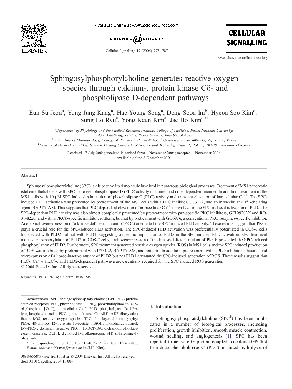 Sphingosylphosphorylcholine generates reactive oxygen species through calcium-, protein kinase CÎ´- and phospholipase D-dependent pathways