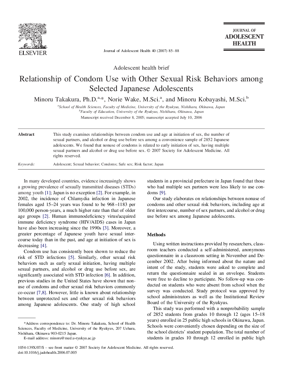 Relationship of Condom Use with Other Sexual Risk Behaviors among Selected Japanese Adolescents