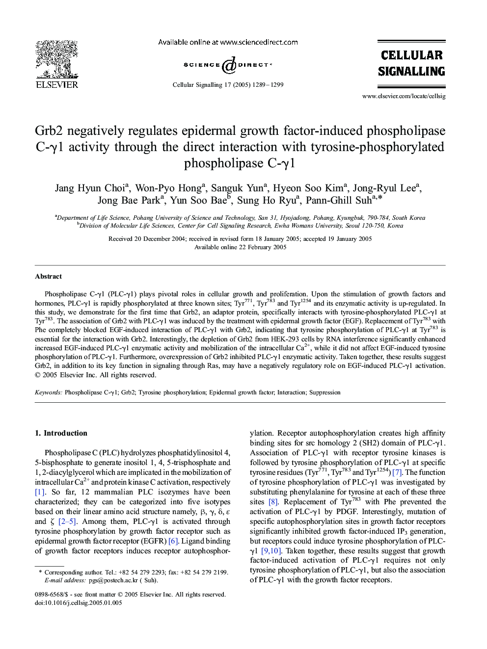 Grb2 negatively regulates epidermal growth factor-induced phospholipase C-Î³1 activity through the direct interaction with tyrosine-phosphorylated phospholipase C-Î³1