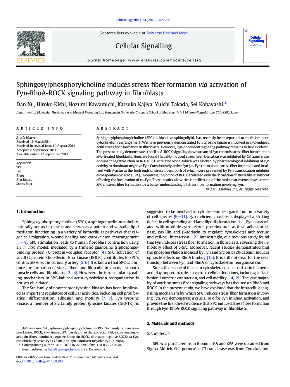 Sphingosylphosphorylcholine induces stress fiber formation via activation of Fyn-RhoA-ROCK signaling pathway in fibroblasts