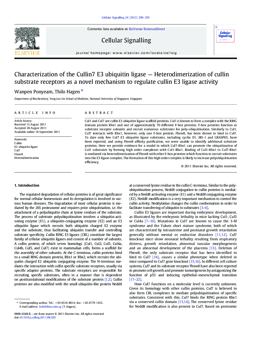 Characterization of the Cullin7 E3 ubiquitin ligase - Heterodimerization of cullin substrate receptors as a novel mechanism to regulate cullin E3 ligase activity