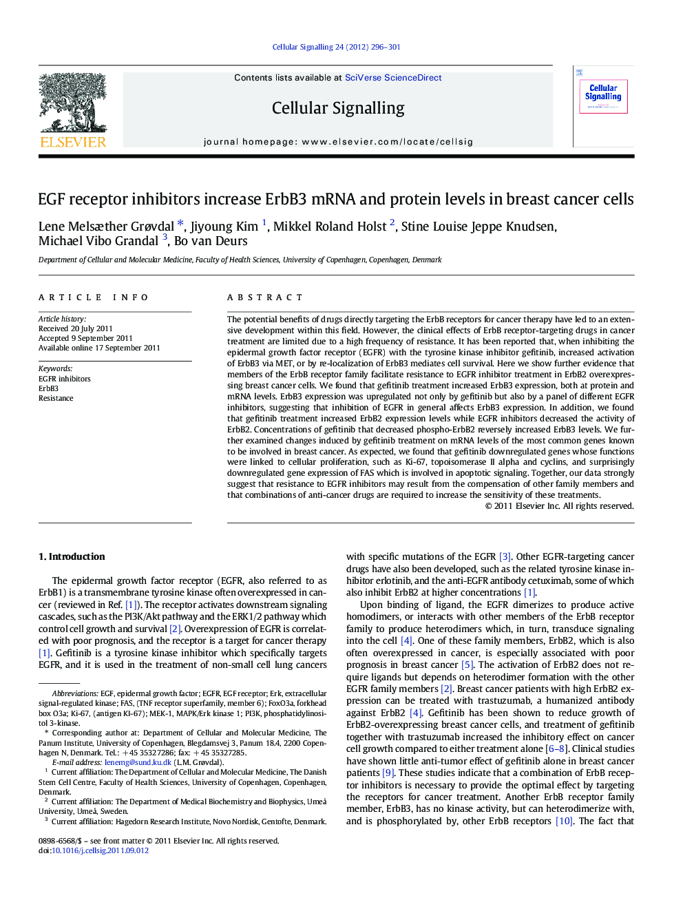 EGF receptor inhibitors increase ErbB3 mRNA and protein levels in breast cancer cells