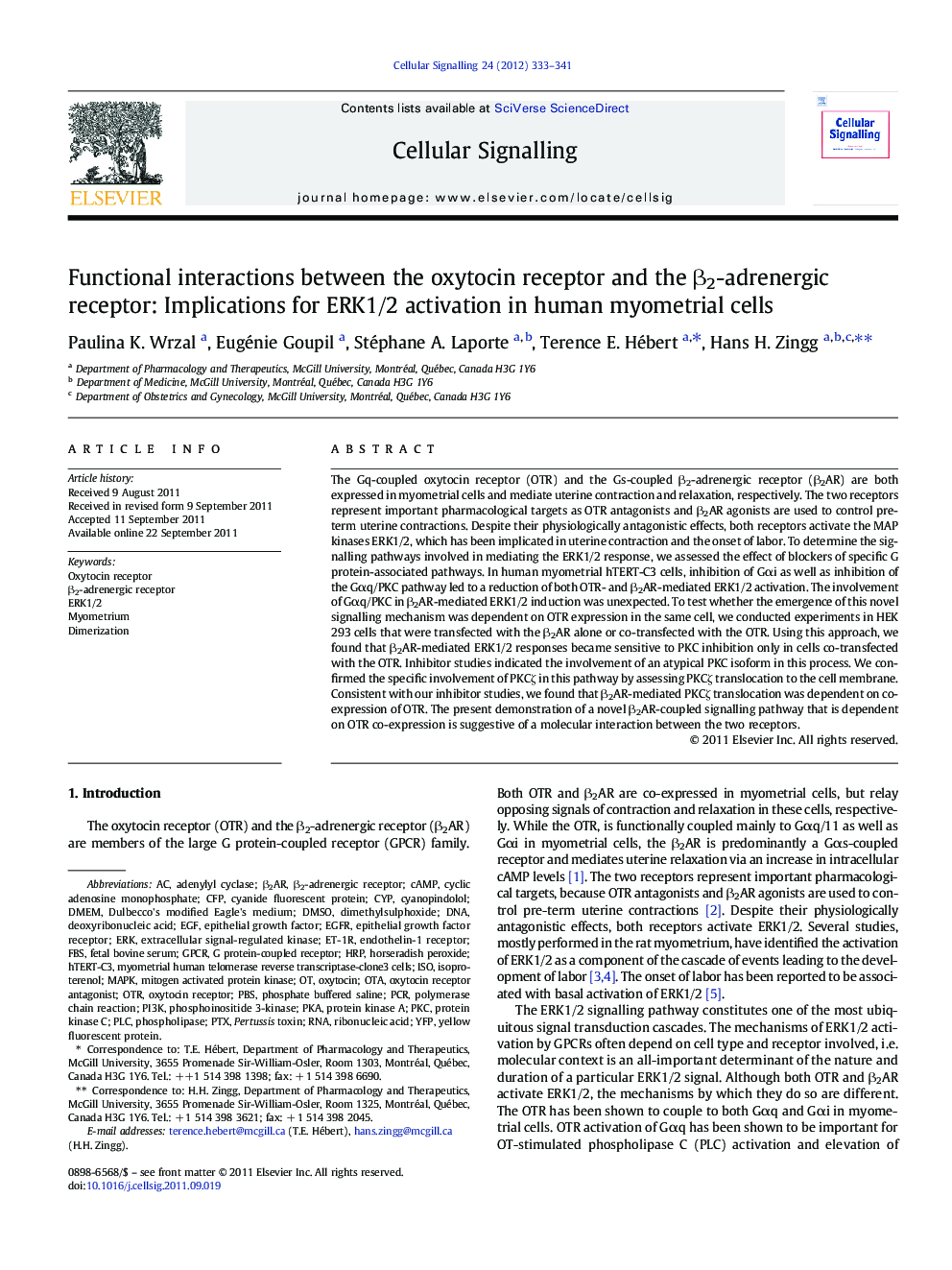 Functional interactions between the oxytocin receptor and the Î²2-adrenergic receptor: Implications for ERK1/2 activation in human myometrial cells