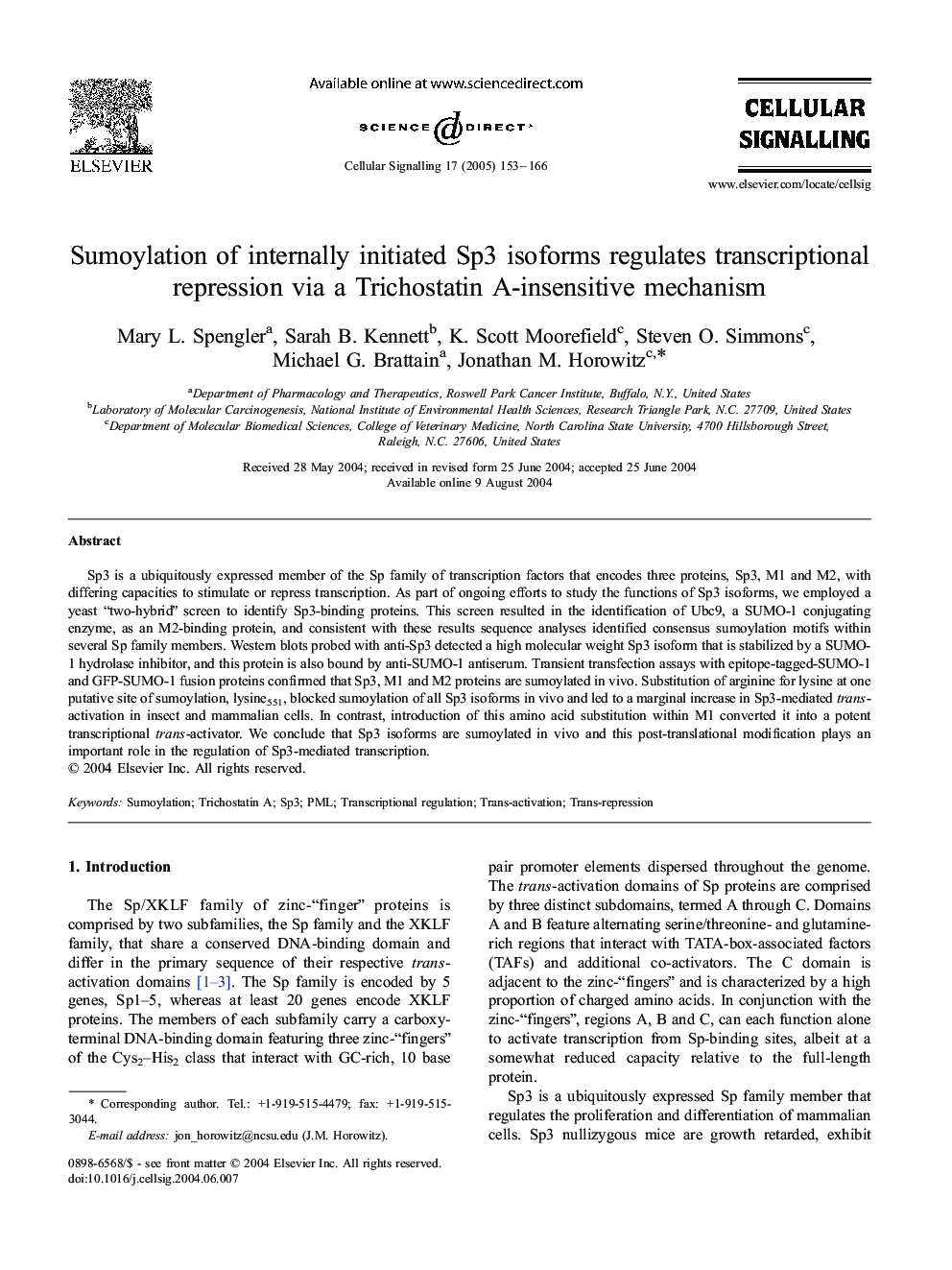 Sumoylation of internally initiated Sp3 isoforms regulates transcriptional repression via a Trichostatin A-insensitive mechanism