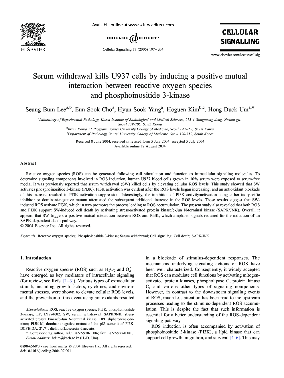 Serum withdrawal kills U937 cells by inducing a positive mutual interaction between reactive oxygen species and phosphoinositide 3-kinase