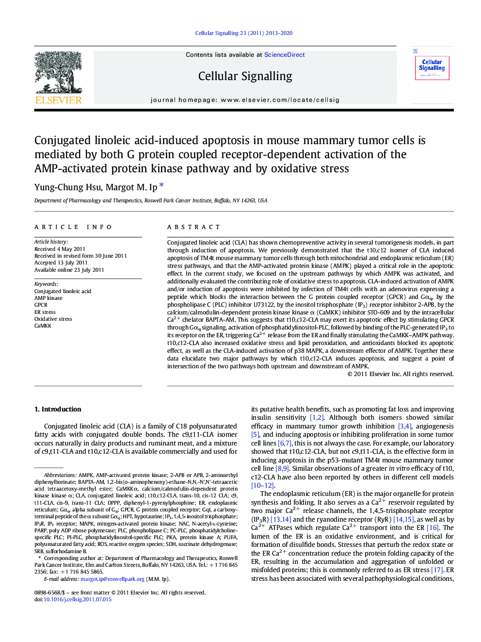 Conjugated linoleic acid-induced apoptosis in mouse mammary tumor cells is mediated by both G protein coupled receptor-dependent activation of the AMP-activated protein kinase pathway and by oxidative stress