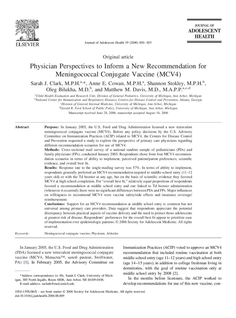 Physician Perspectives to Inform a New Recommendation for Meningococcal Conjugate Vaccine (MCV4)