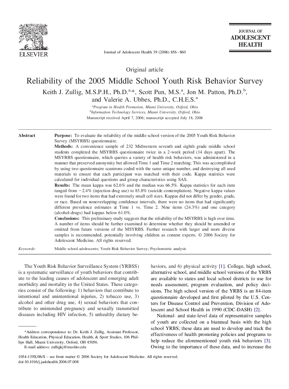 Reliability of the 2005 Middle School Youth Risk Behavior Survey