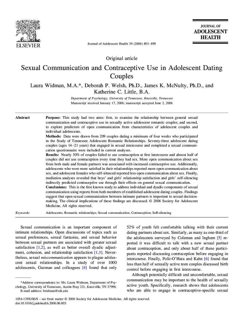 Sexual Communication and Contraceptive Use in Adolescent Dating Couples