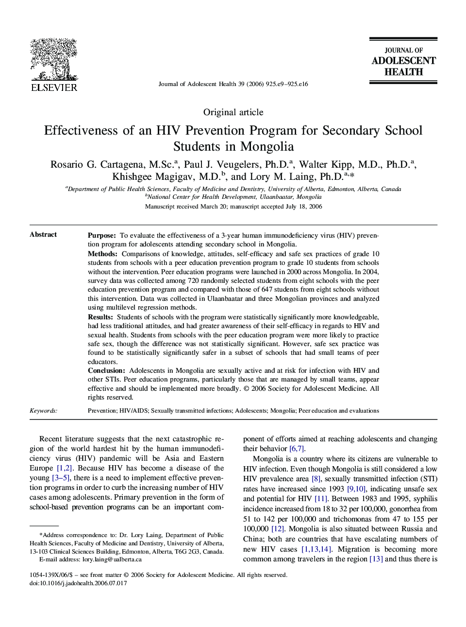 Effectiveness of an HIV Prevention Program for Secondary School Students in Mongolia