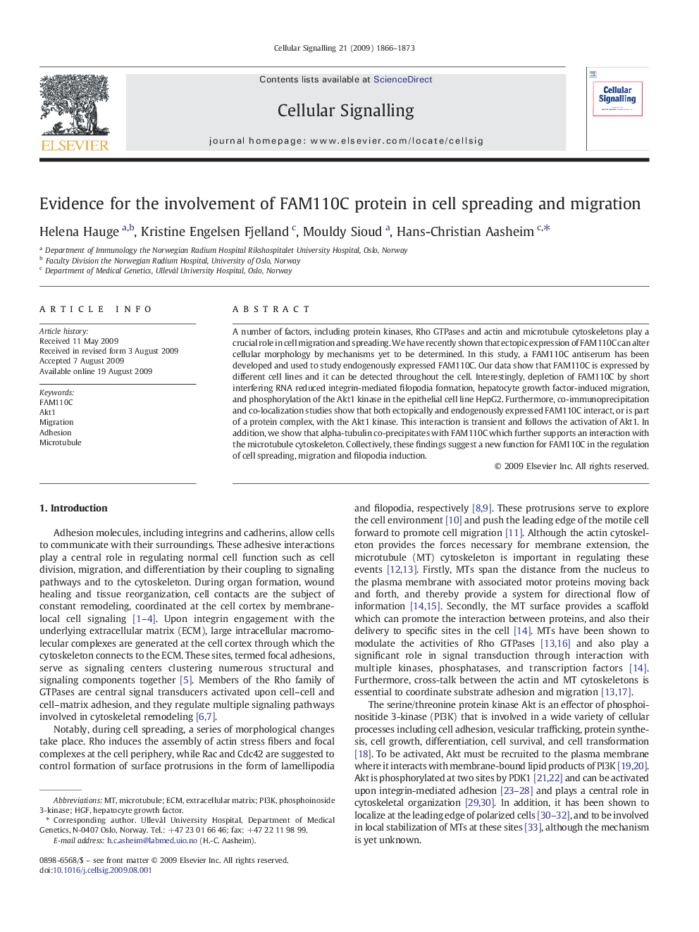 Evidence for the involvement of FAM110C protein in cell spreading and migration