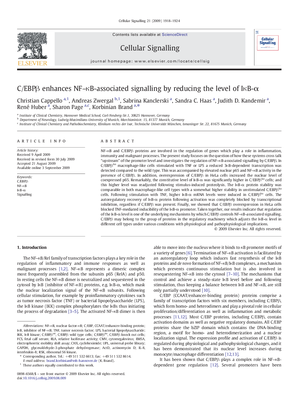 C/EBPÎ² enhances NF-ÎºB-associated signalling by reducing the level of IÎºB-Î±