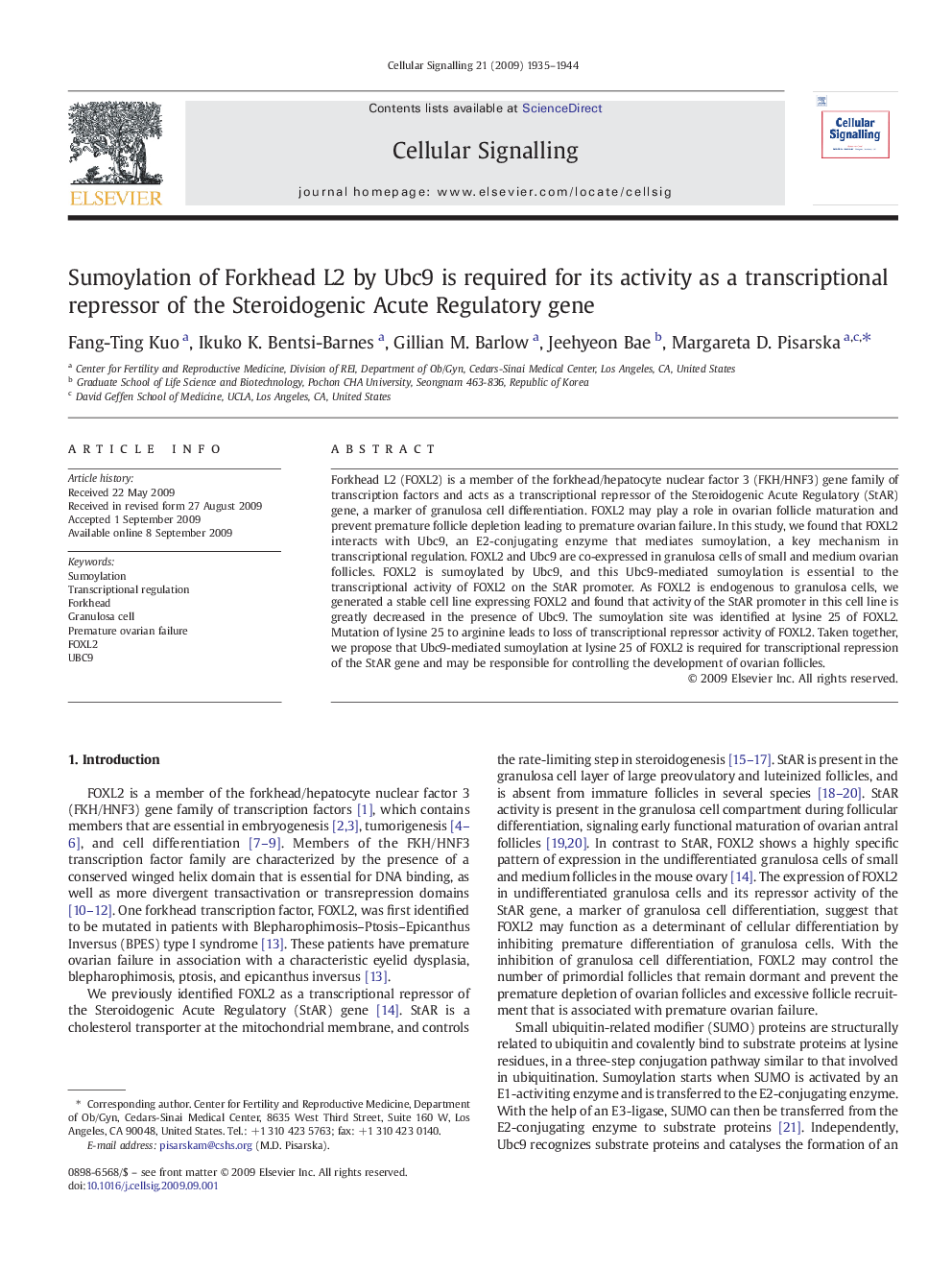 Sumoylation of Forkhead L2 by Ubc9 is required for its activity as a transcriptional repressor of the Steroidogenic Acute Regulatory gene