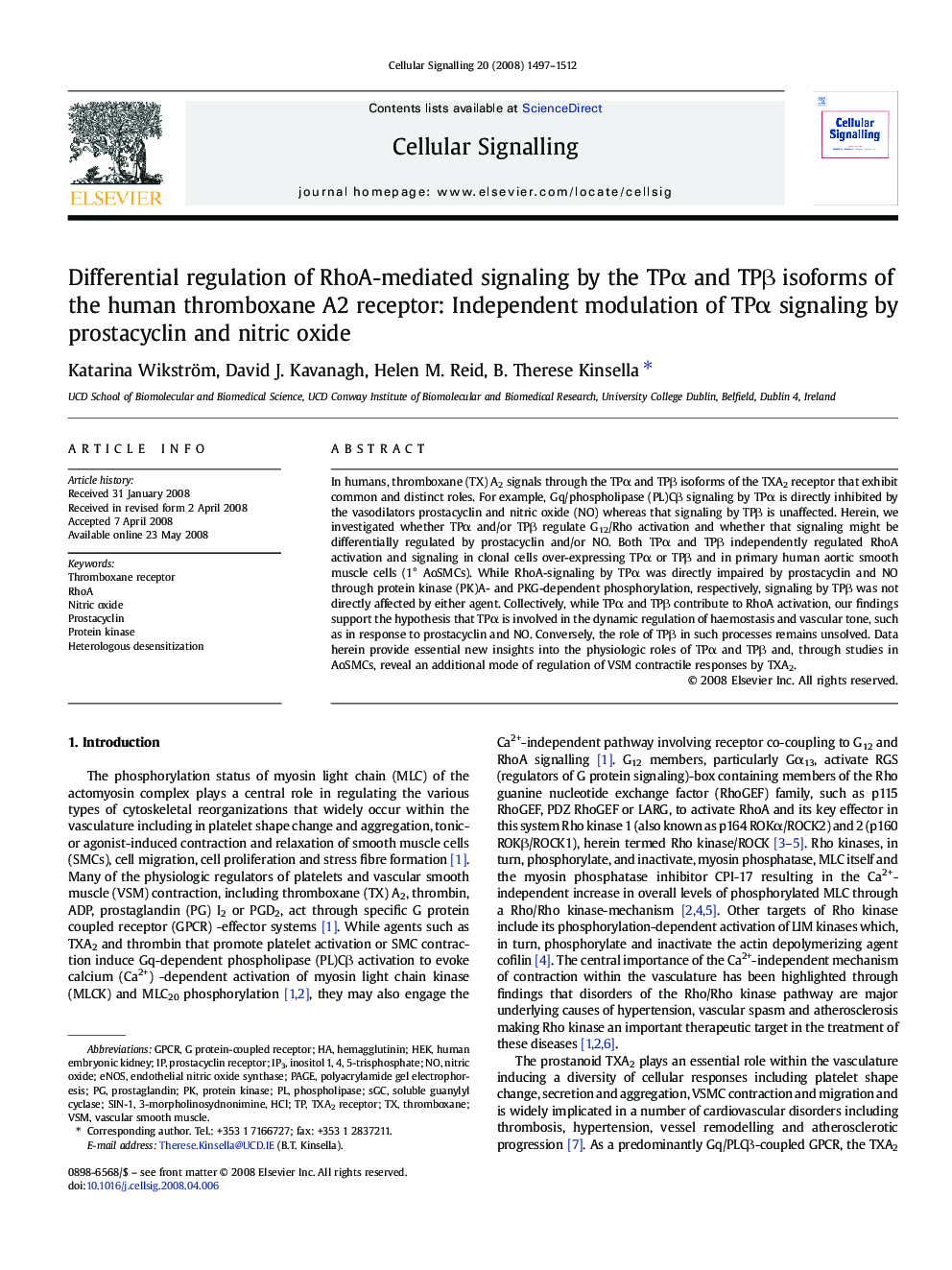 Differential regulation of RhoA-mediated signaling by the TPÎ± and TPÎ² isoforms of the human thromboxane A2 receptor: Independent modulation of TPÎ± signaling by prostacyclin and nitric oxide