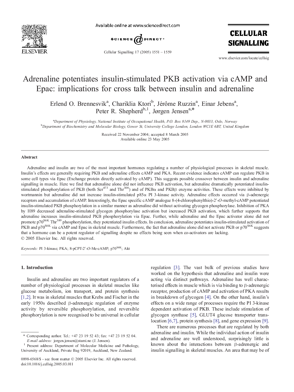 Adrenaline potentiates insulin-stimulated PKB activation via cAMP and Epac: implications for cross talk between insulin and adrenaline