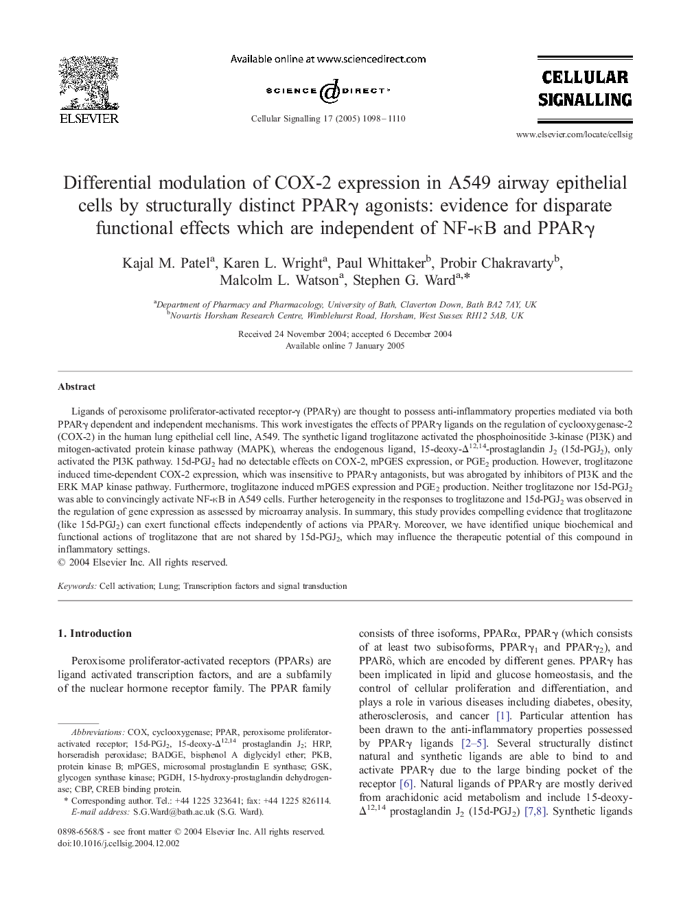 Differential modulation of COX-2 expression in A549 airway epithelial cells by structurally distinct PPARÎ³ agonists: evidence for disparate functional effects which are independent of NF-ÎºB and PPARÎ³