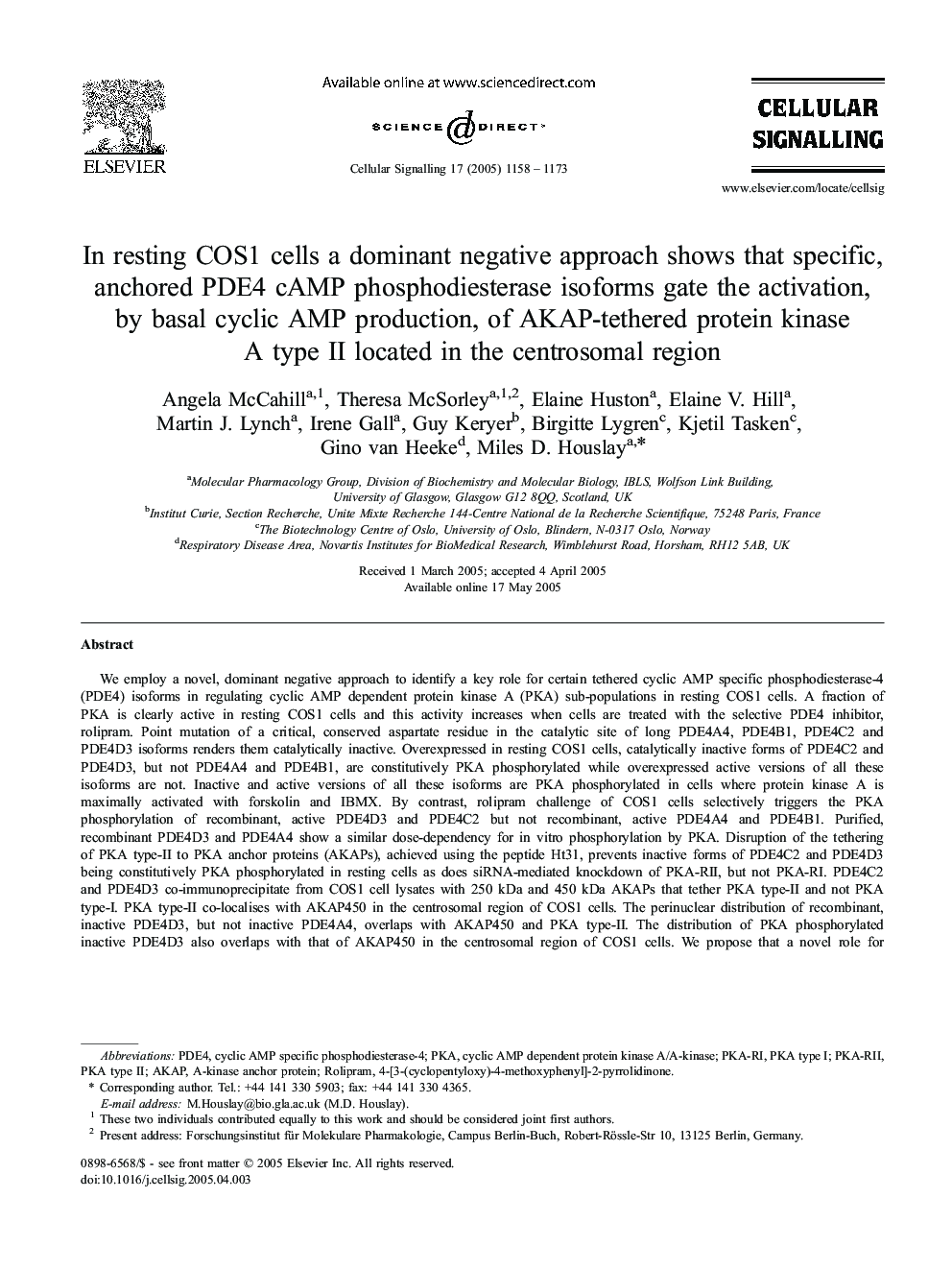 In resting COS1 cells a dominant negative approach shows that specific, anchored PDE4 cAMP phosphodiesterase isoforms gate the activation, by basal cyclic AMP production, of AKAP-tethered protein kinase A type II located in the centrosomal region