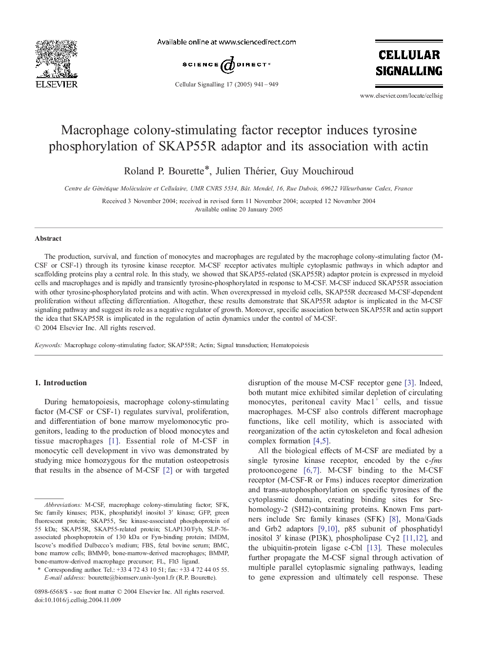 Macrophage colony-stimulating factor receptor induces tyrosine phosphorylation of SKAP55R adaptor and its association with actin