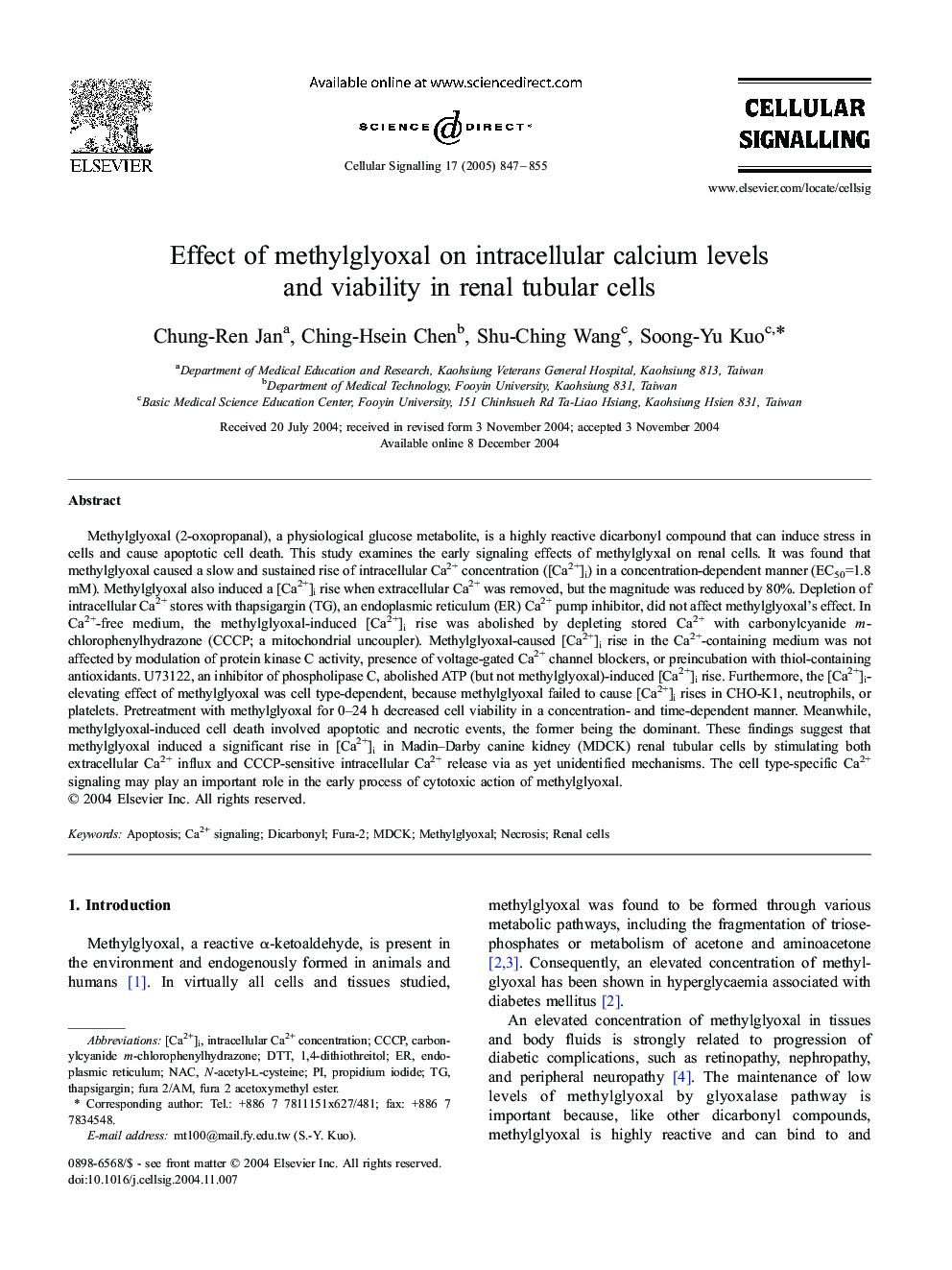 Effect of methylglyoxal on intracellular calcium levels and viability in renal tubular cells