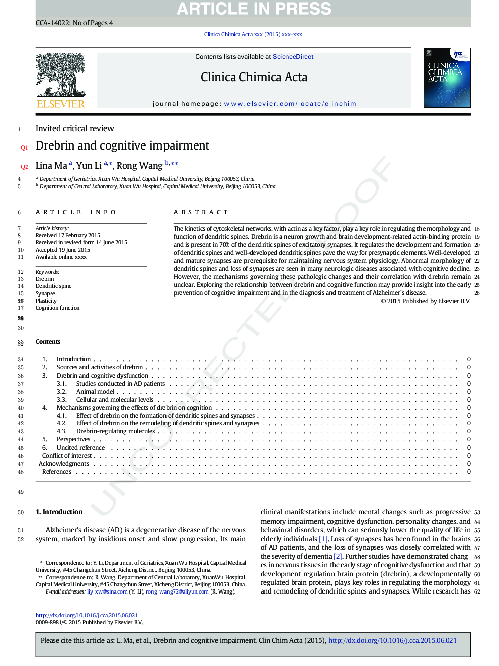 Drebrin and cognitive impairment