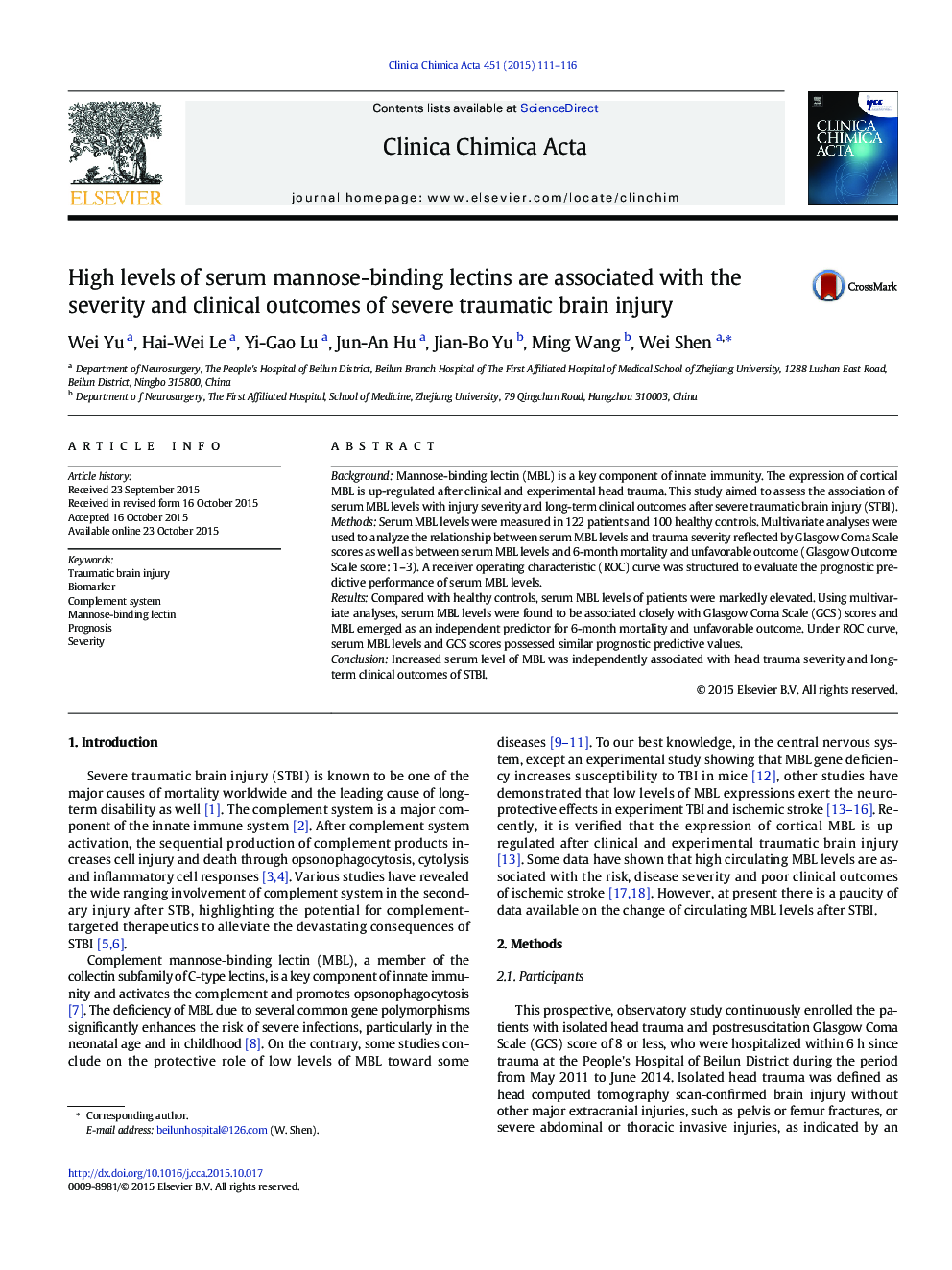 High levels of serum mannose-binding lectins are associated with the severity and clinical outcomes of severe traumatic brain injury