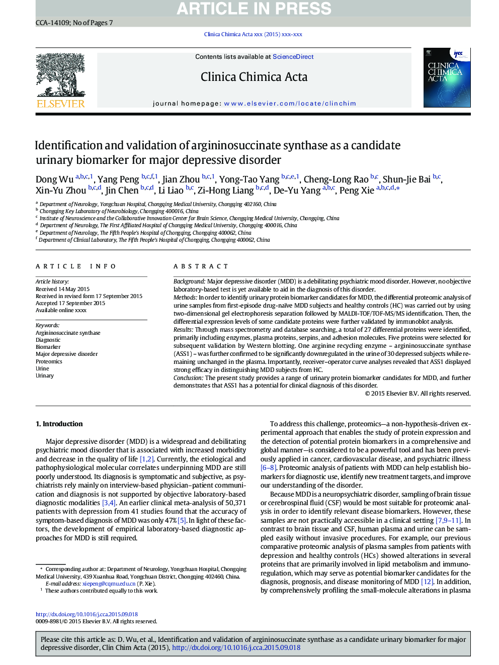 Identification and validation of argininosuccinate synthase as a candidate urinary biomarker for major depressive disorder