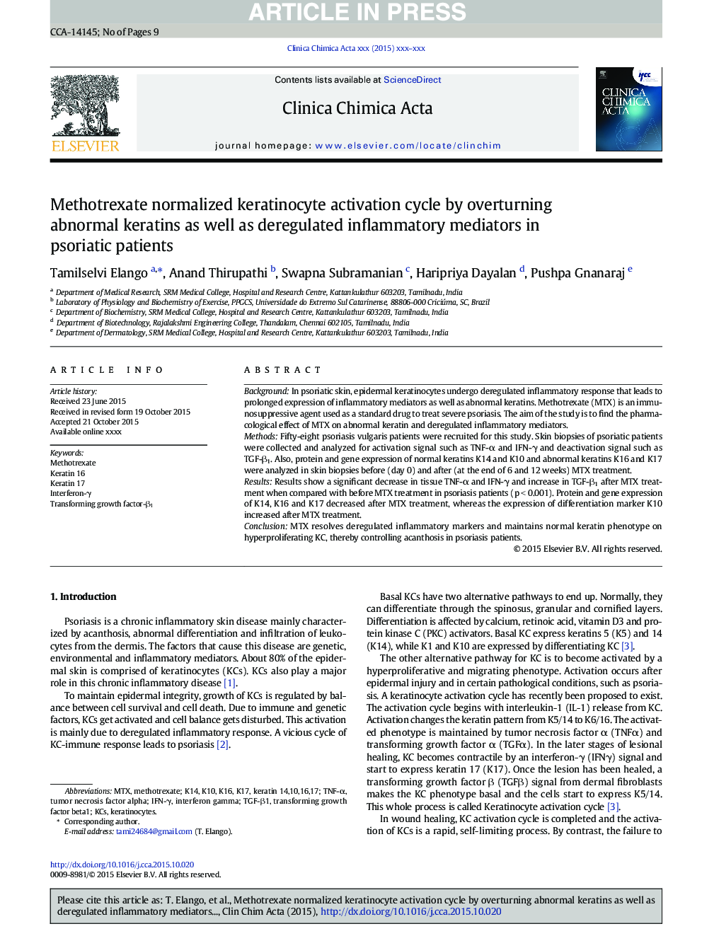 Methotrexate normalized keratinocyte activation cycle by overturning abnormal keratins as well as deregulated inflammatory mediators in psoriatic patients