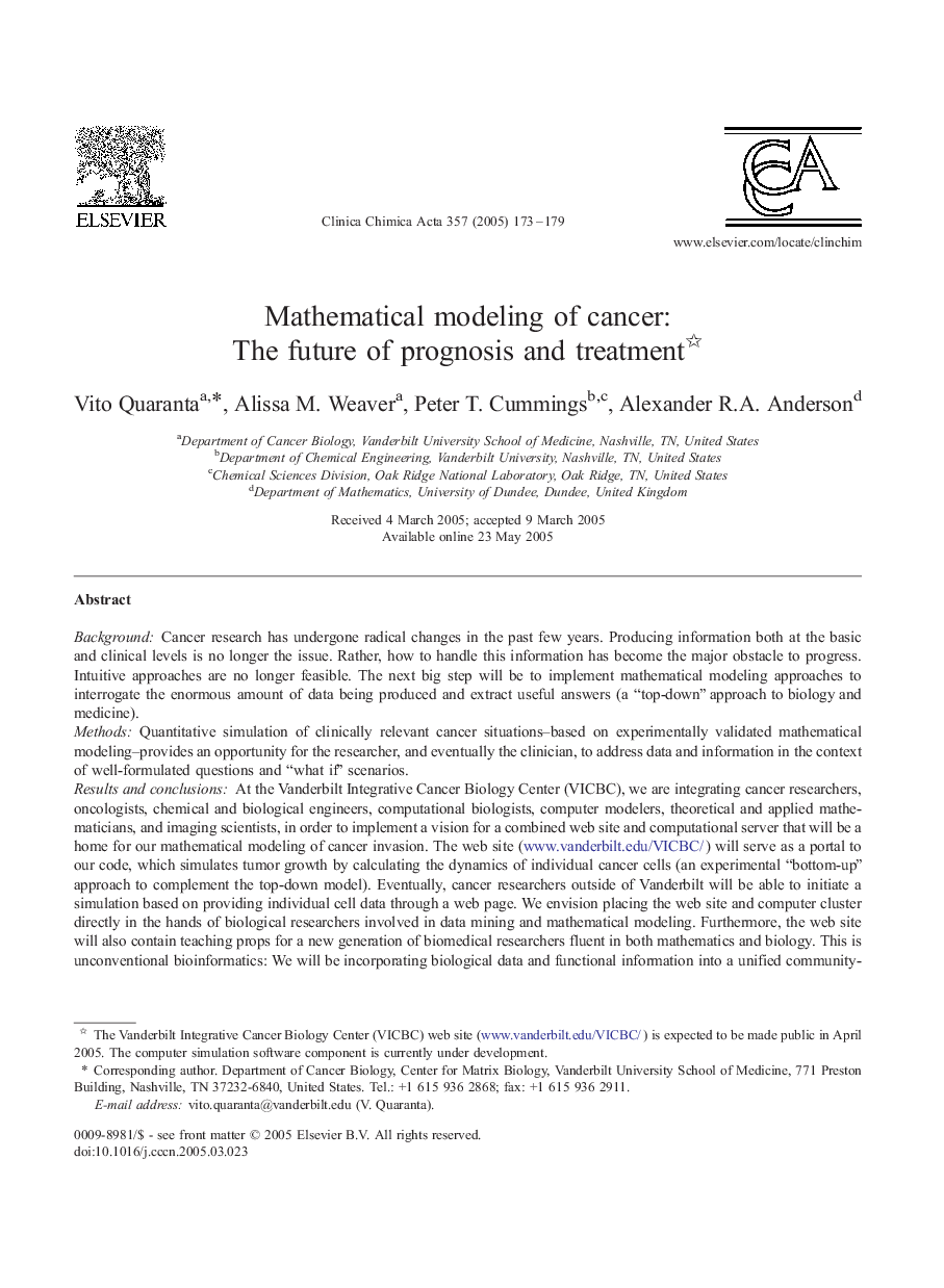 Mathematical modeling of cancer: The future of prognosis and treatment