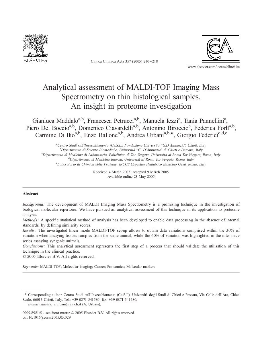 Analytical assessment of MALDI-TOF Imaging Mass Spectrometry on thin histological samples. An insight in proteome investigation