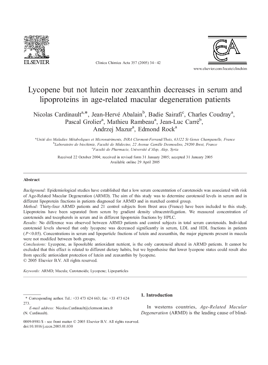 Lycopene but not lutein nor zeaxanthin decreases in serum and lipoproteins in age-related macular degeneration patients