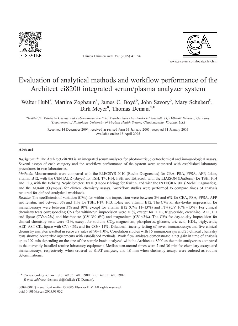 Evaluation of analytical methods and workflow performance of the Architect ci8200 integrated serum/plasma analyzer system